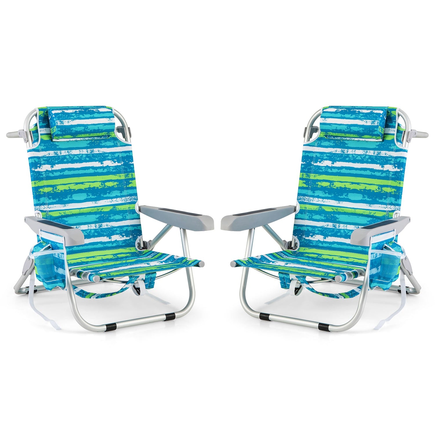 Foldable Backpack Beach Chair with Cup Holder and Storage Pockets Set of 2