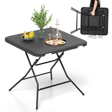 Mesa de Comedor Plegable de 2.6FT con Tablero de HDPE con Veta de Madera y Almohadillas Antideslizantes-Negro
