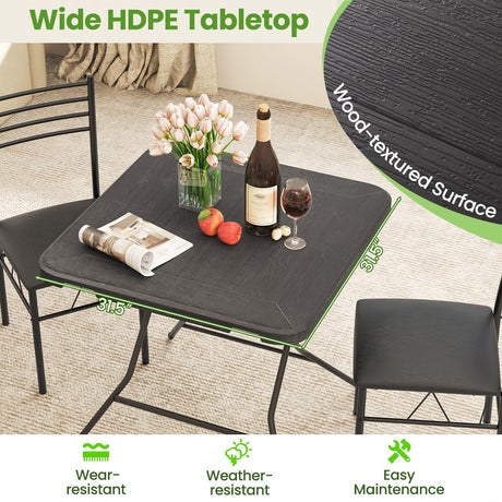 Mesa de Comedor Plegable de 2.6FT con Tablero de HDPE con Veta de Madera y Almohadillas Antideslizantes-Negro