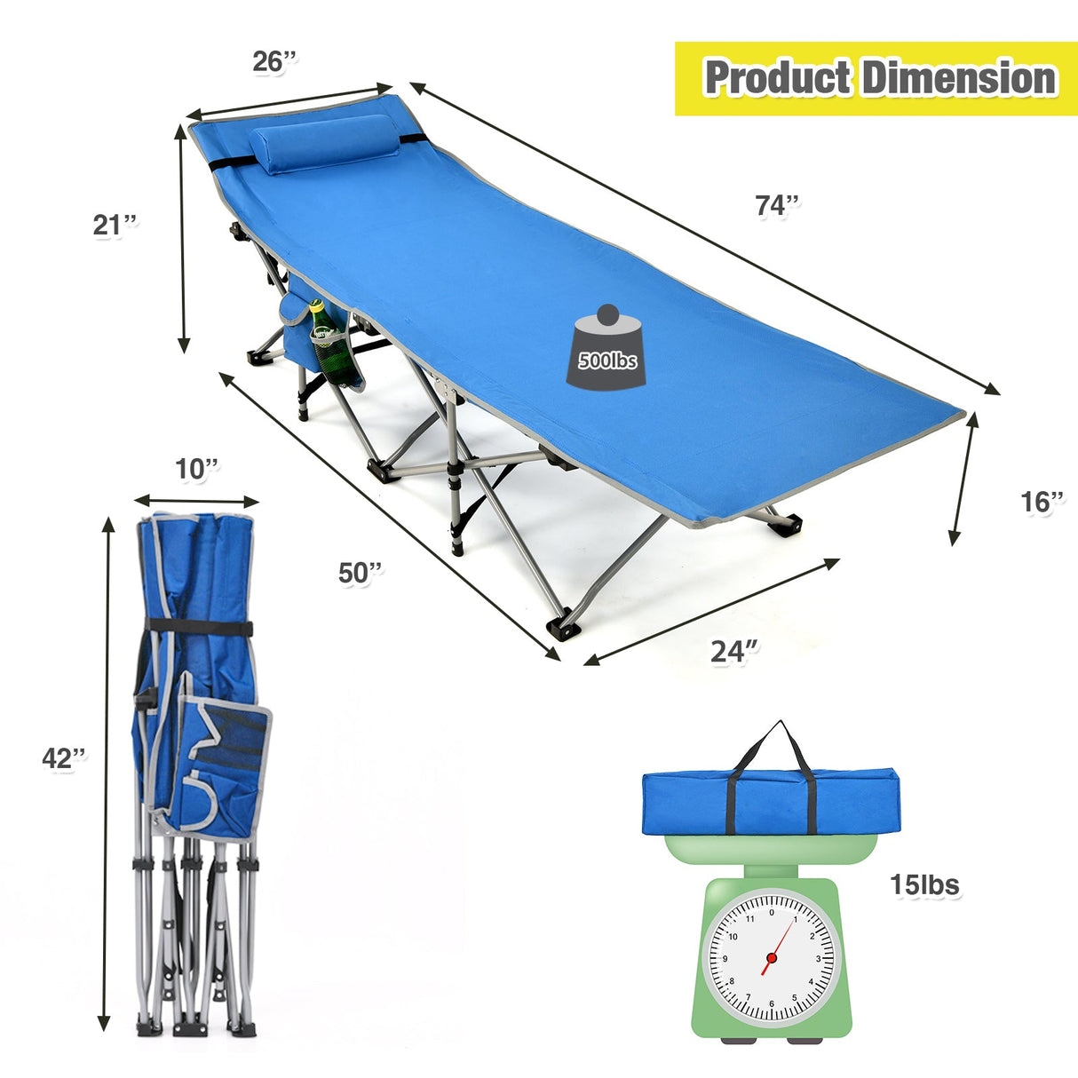 Catres Plegables de Camping con Bolsillo Lateral y Reposacabezas Desmontable