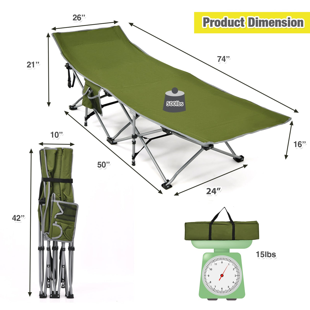 Catres Plegables de Camping con Bolsillo Lateral y Reposacabezas Desmontable