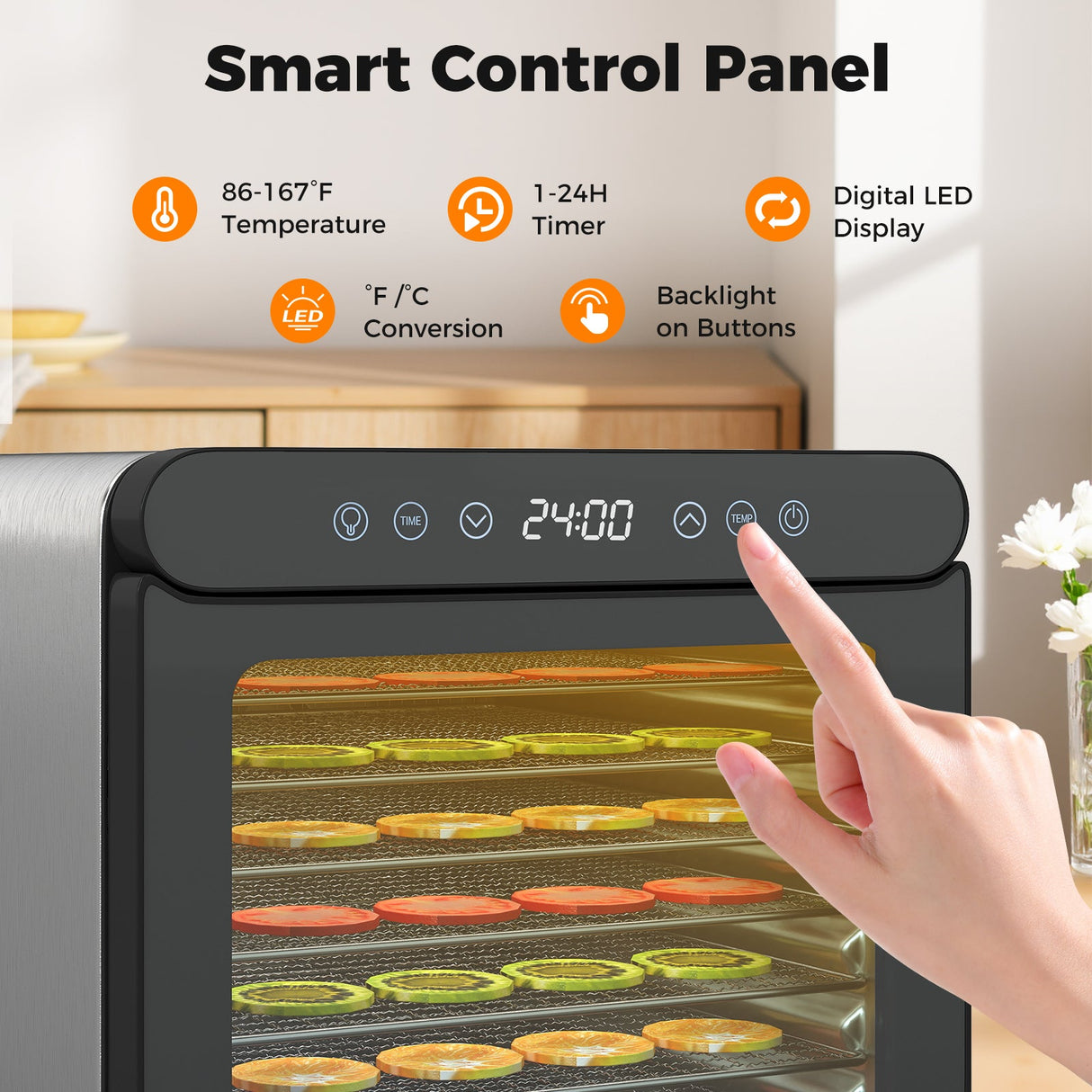 Secador de 7 bandejas de acero inoxidable con temporizador de 1 a 24 horas y temperatura de 30 a 75 °C - Plateado