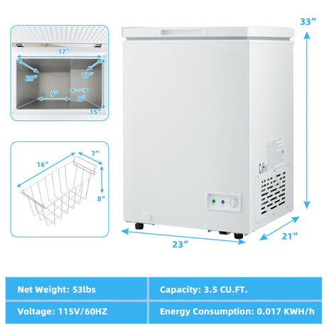 Congelador horizontal compacto de 3.5 pies cúbicos con cesta de almacenamiento extraíble