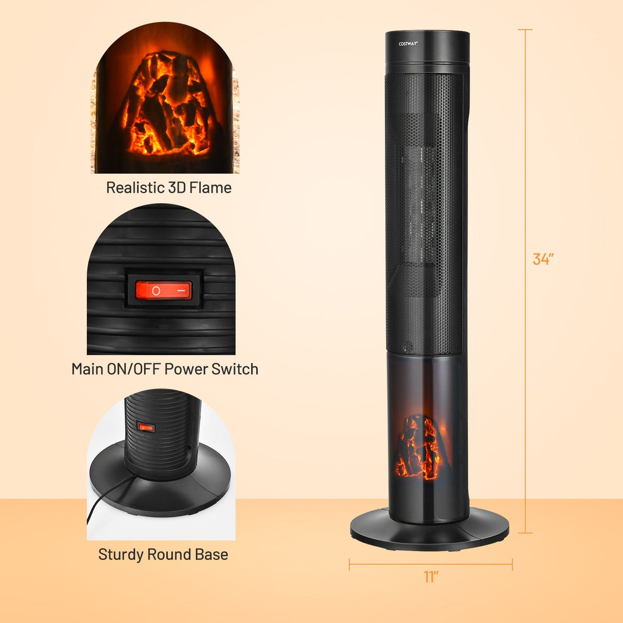 Calefactor de Torre Cerámico de 1500W con Control Remoto y Llama 3D Realista