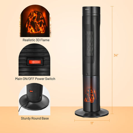 Calefactor de Torre Cerámico de 1500W con Control Remoto y Llama 3D Realista