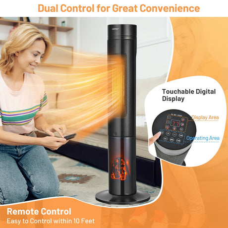 Calefactor de Torre Cerámico de 1500W con Control Remoto y Llama 3D Realista
