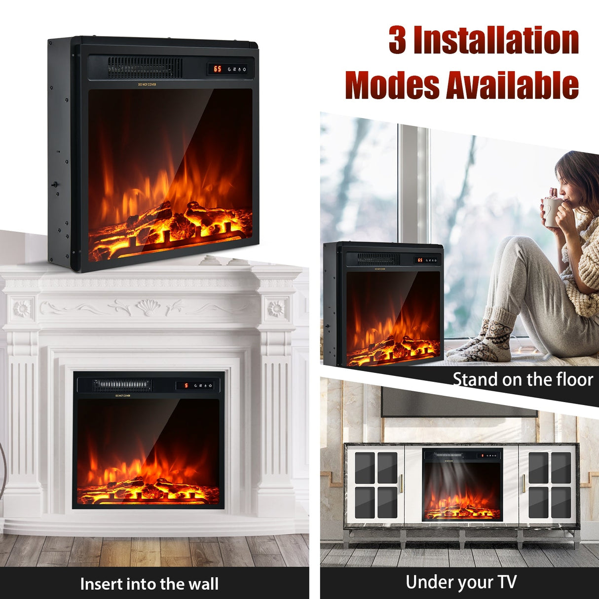 Calefactor de chimenea eléctrica de 18 pulgadas y 1500W, independiente y empotrado