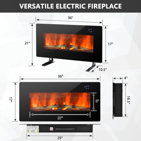Chimenea eléctrica de 36 pulgadas de montaje en pared o independiente con control remoto - Negra