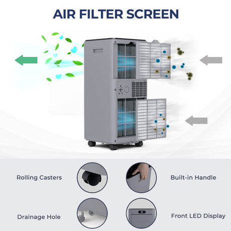 Acondicionador de aire portátil 4 en 1 de 10000 BTU con deshumidificador y modo ventilador