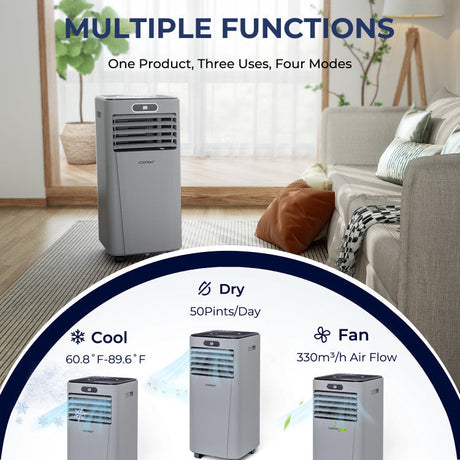 Acondicionador de aire portátil 4 en 1 de 10000 BTU con deshumidificador y modo ventilador