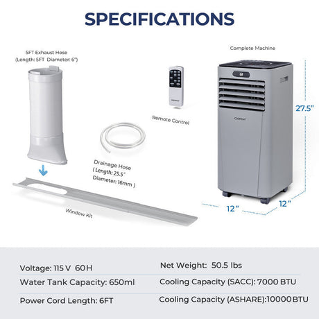 Acondicionador de aire portátil 4 en 1 de 10000 BTU con deshumidificador y modo ventilador