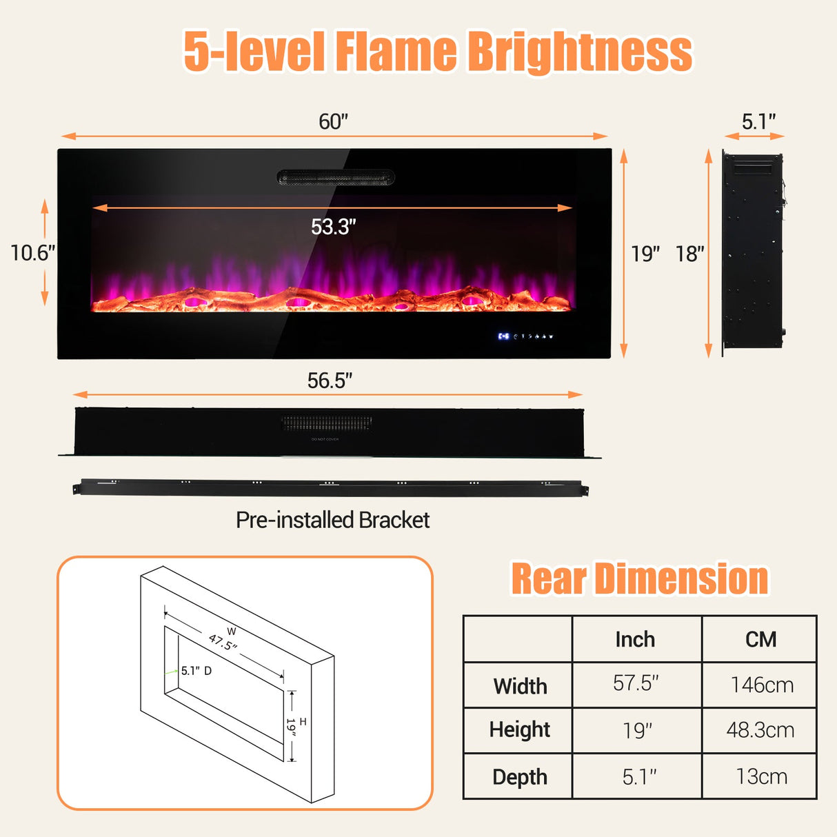 50/60 Inch Wall Mounted Recessed Electric Fireplace with Decorative Crystal and Log