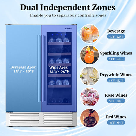 Enfriador de bebidas y vinos 2 en 1 con control de temperatura independiente y luces LED - Plata