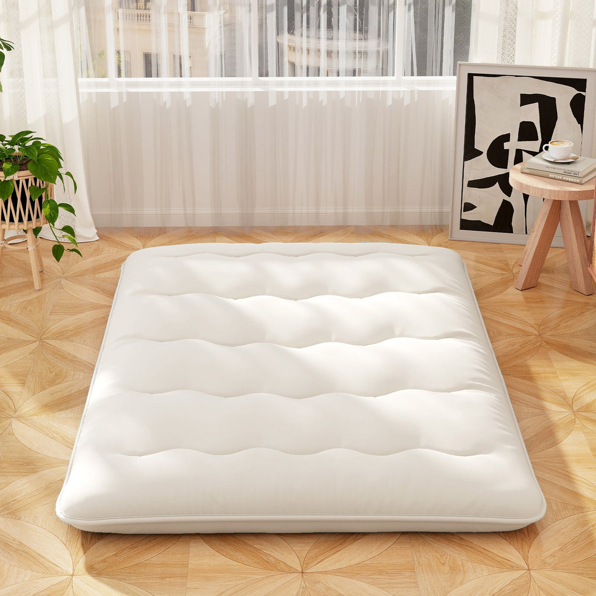 Colchón/Colchoneta para Futón de Piso con Funda Lavable Tamaño Queen/King/Twin/Full Beige