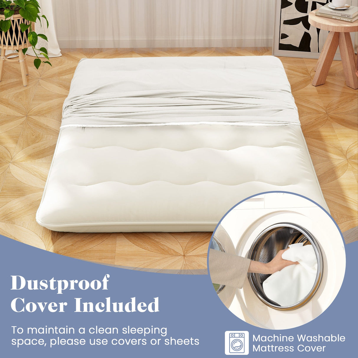 Colchón/Colchoneta para Futón de Piso con Funda Lavable Tamaño Queen/King/Twin/Full Beige