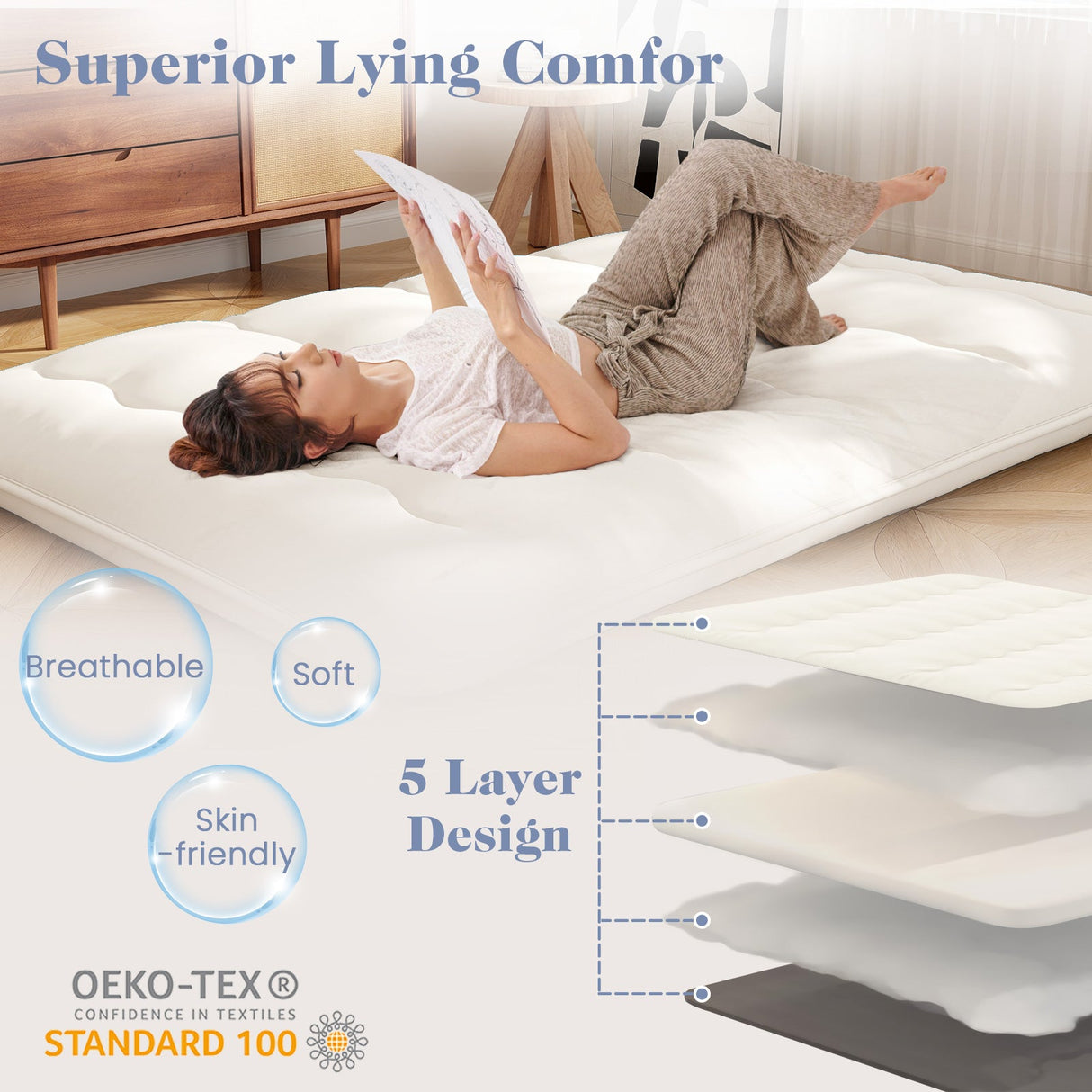 Colchón/Colchoneta para Futón de Piso con Funda Lavable Tamaño Queen/King/Twin/Full Beige