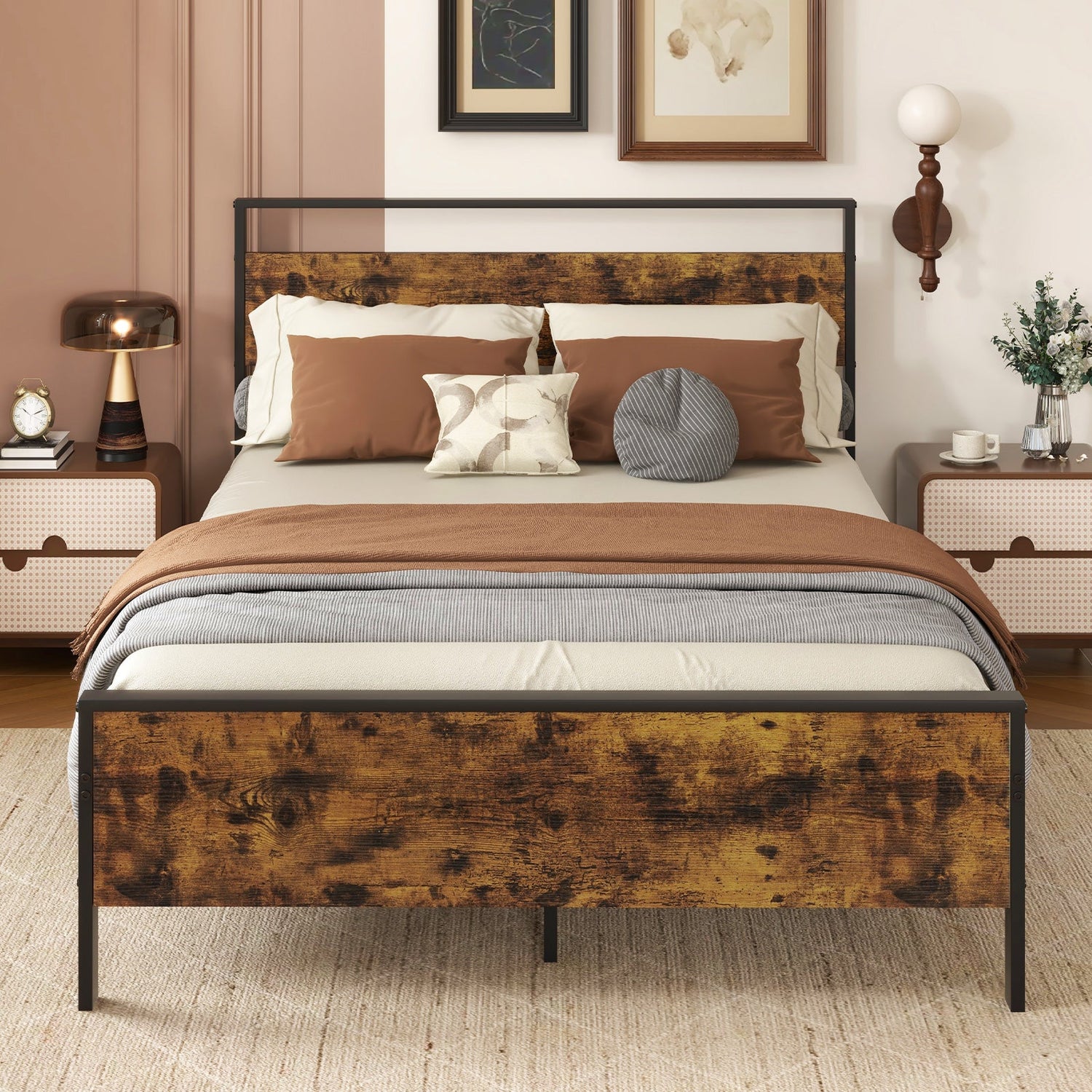 King Metal Bed Frame Industrial Platform Bed with Wooden Headboard