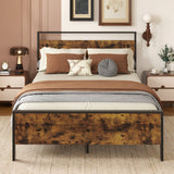 King Metal Bed Frame Industrial Platform Bed with Wooden Headboard