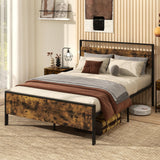 King Metal Bed Frame Industrial Platform Bed with Wooden Headboard