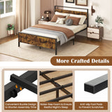 King Metal Bed Frame Industrial Platform Bed with Wooden Headboard