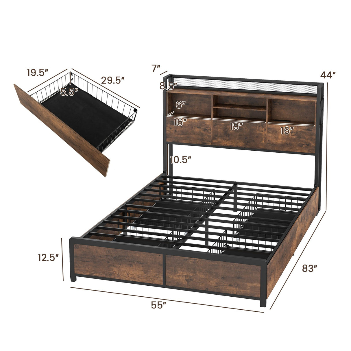 Base de cama de matrimonio/queen con cabecero librero y 4 cajones de almacenamiento