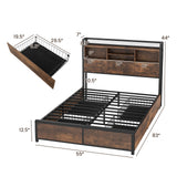 Base de cama de matrimonio/queen con cabecero librero y 4 cajones de almacenamiento