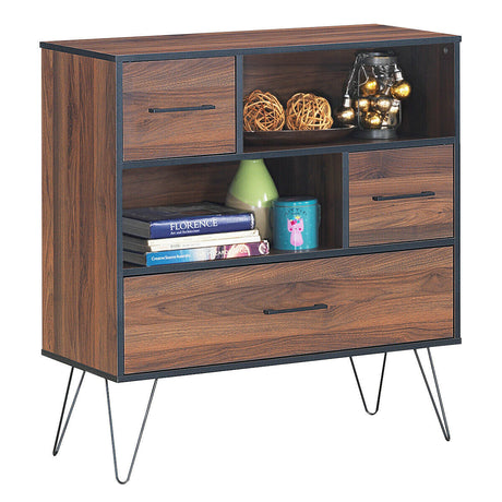 Mueble de almacenamiento de madera de 3 niveles con cajones y 4 patas metálicas