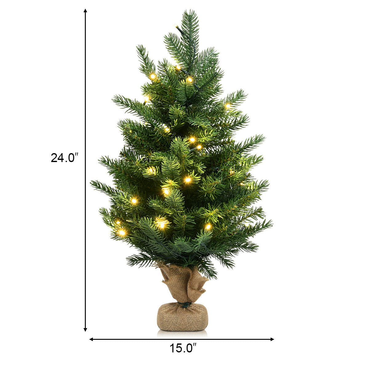 Árbol de Navidad artificial de abeto de 24 pulgadas para mesa con luces LED