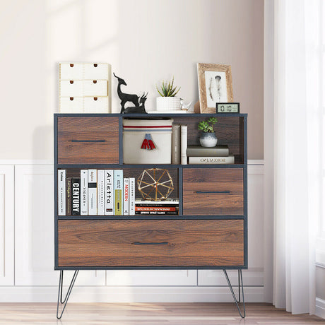 Mueble de almacenamiento de madera de 3 niveles con cajones y 4 patas metálicas