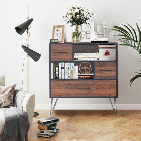 Mueble de almacenamiento de madera de 3 niveles con cajones y 4 patas metálicas