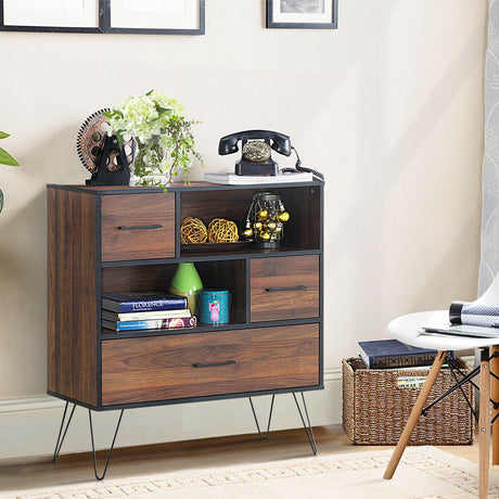Mueble de almacenamiento de madera de 3 niveles con cajones y 4 patas metálicas
