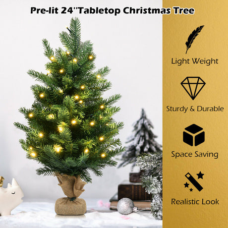 Árbol de Navidad artificial de abeto de 24 pulgadas para mesa con luces LED