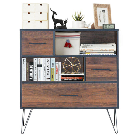 Mueble de almacenamiento de madera de 3 niveles con cajones y 4 patas metálicas