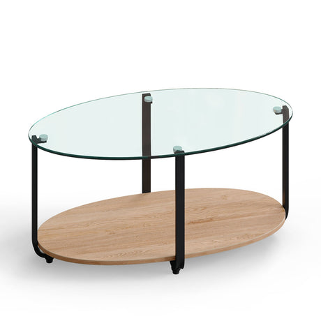Mesa de centro ovalada de 2 niveles con superficie de cristal y estante de madera para sala de estar