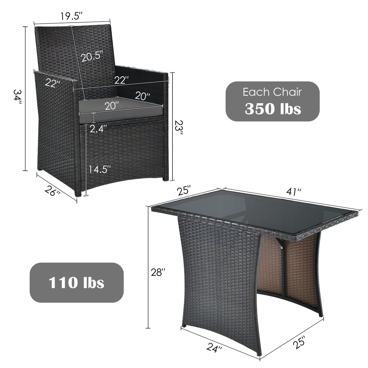 Conjunto de muebles de ratán para patio de 3 piezas con cojín y reposabrazos de sofá