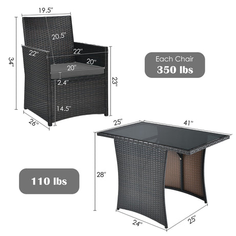 Conjunto de muebles de ratán para patio de 3 piezas con cojín y reposabrazos de sofá