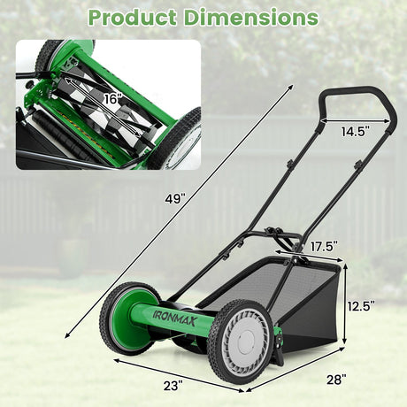 Cortadora de césped manual de 16 pulgadas con 5 cuchillas de acero y bolsa recolectora de césped