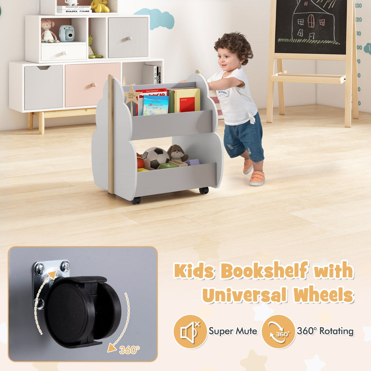Estantería de madera para niños con ruedas universales