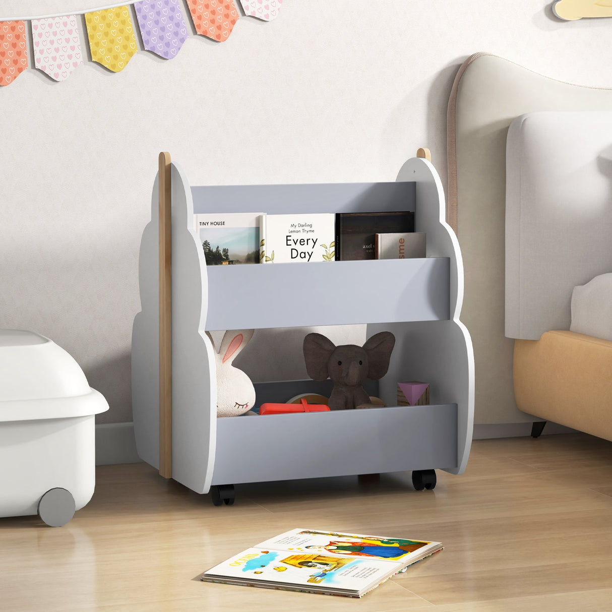 Estantería de madera para niños con ruedas universales