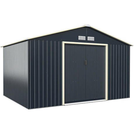 Cobertizo de almacenamiento metálico de 11 x 8 pies para jardín y herramientas con 2 puertas correderas con cerradura - Gris