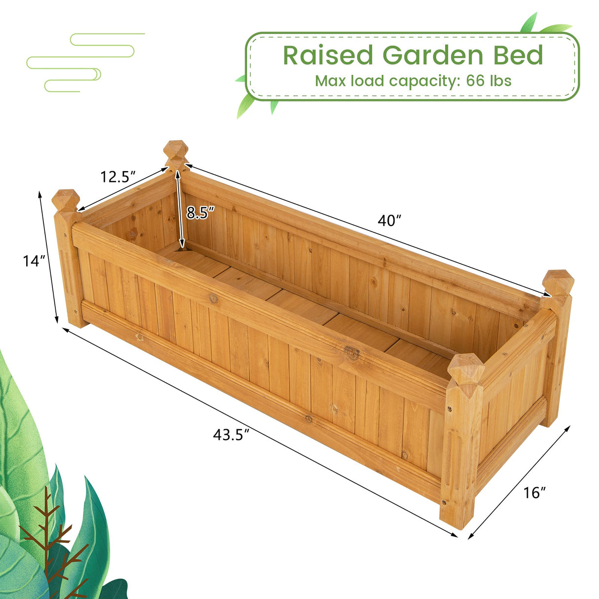 Jardinera rectangular de madera con sistema de drenaje - Natural