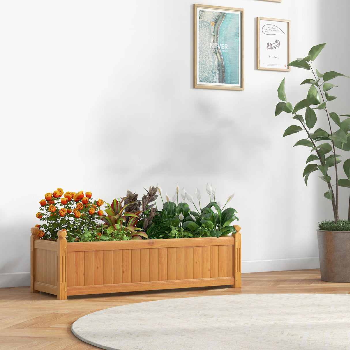 Jardinera rectangular de madera con sistema de drenaje - Natural