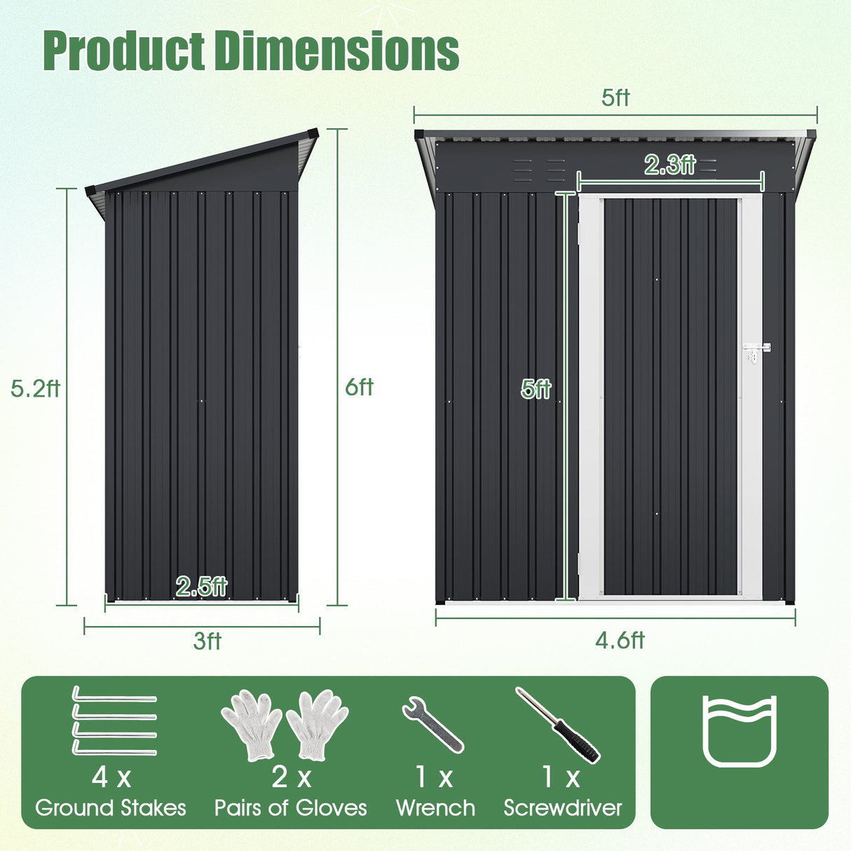 Cobertizo de almacenamiento exterior de 1,5 x 0,9 metros con techo inclinado y puerta con cerradura - Gris