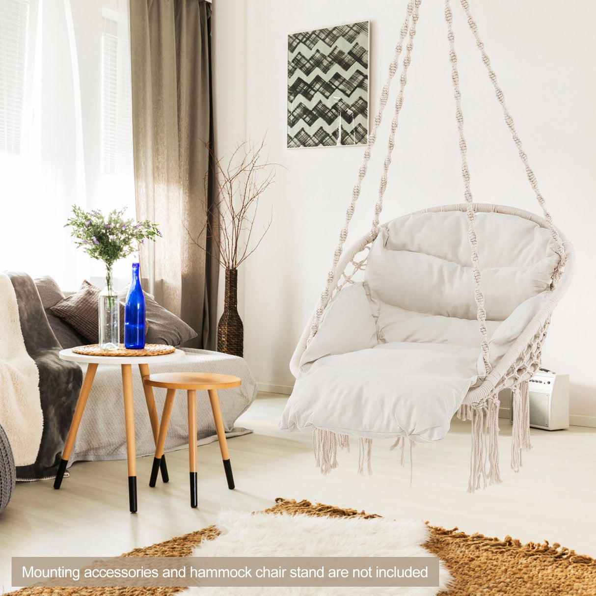 Sillón colgante con cojín grueso y macramé, soporta hasta 150 kg - Beige