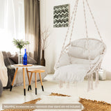 Sillón colgante con cojín grueso y macramé, soporta hasta 150 kg - Beige
