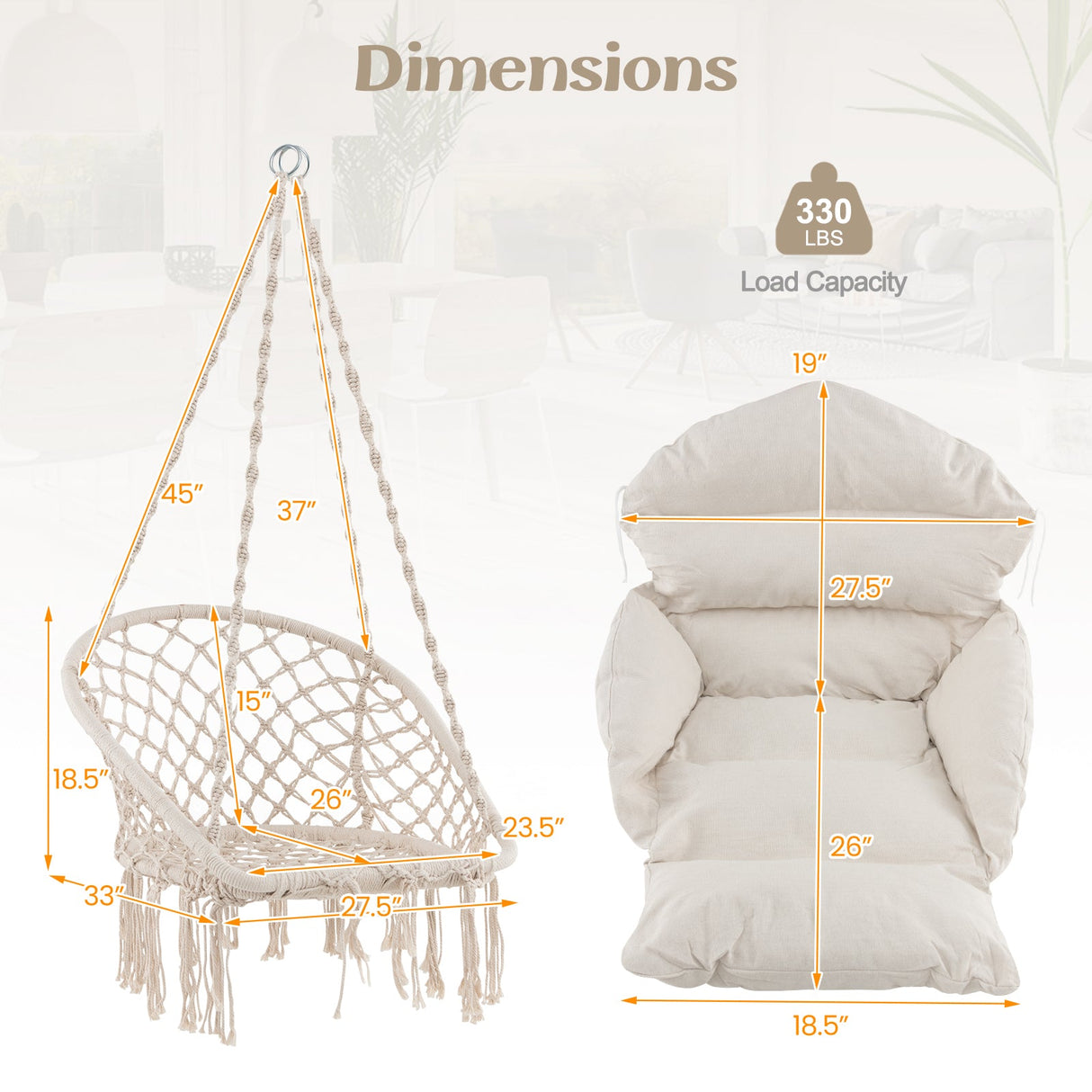 Sillón colgante con cojín grueso y macramé, soporta hasta 150 kg - Beige