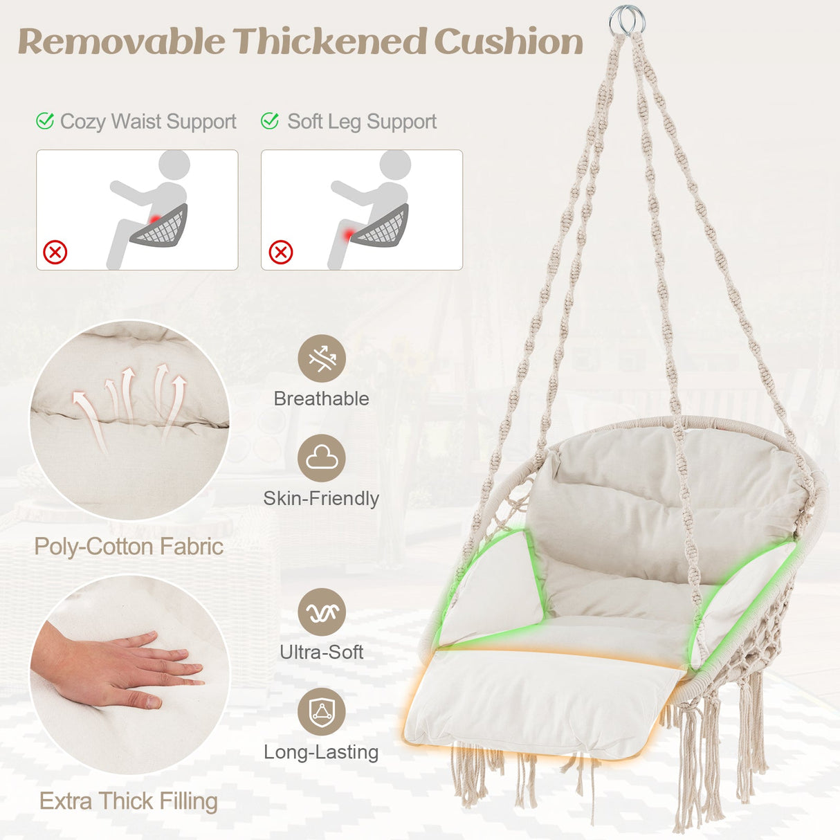 Sillón colgante con cojín grueso y macramé, soporta hasta 150 kg - Beige