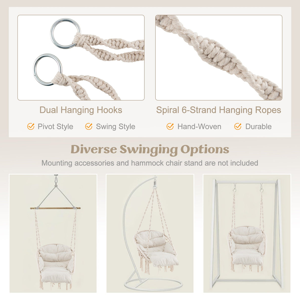 Sillón colgante con cojín grueso y macramé, soporta hasta 150 kg - Beige
