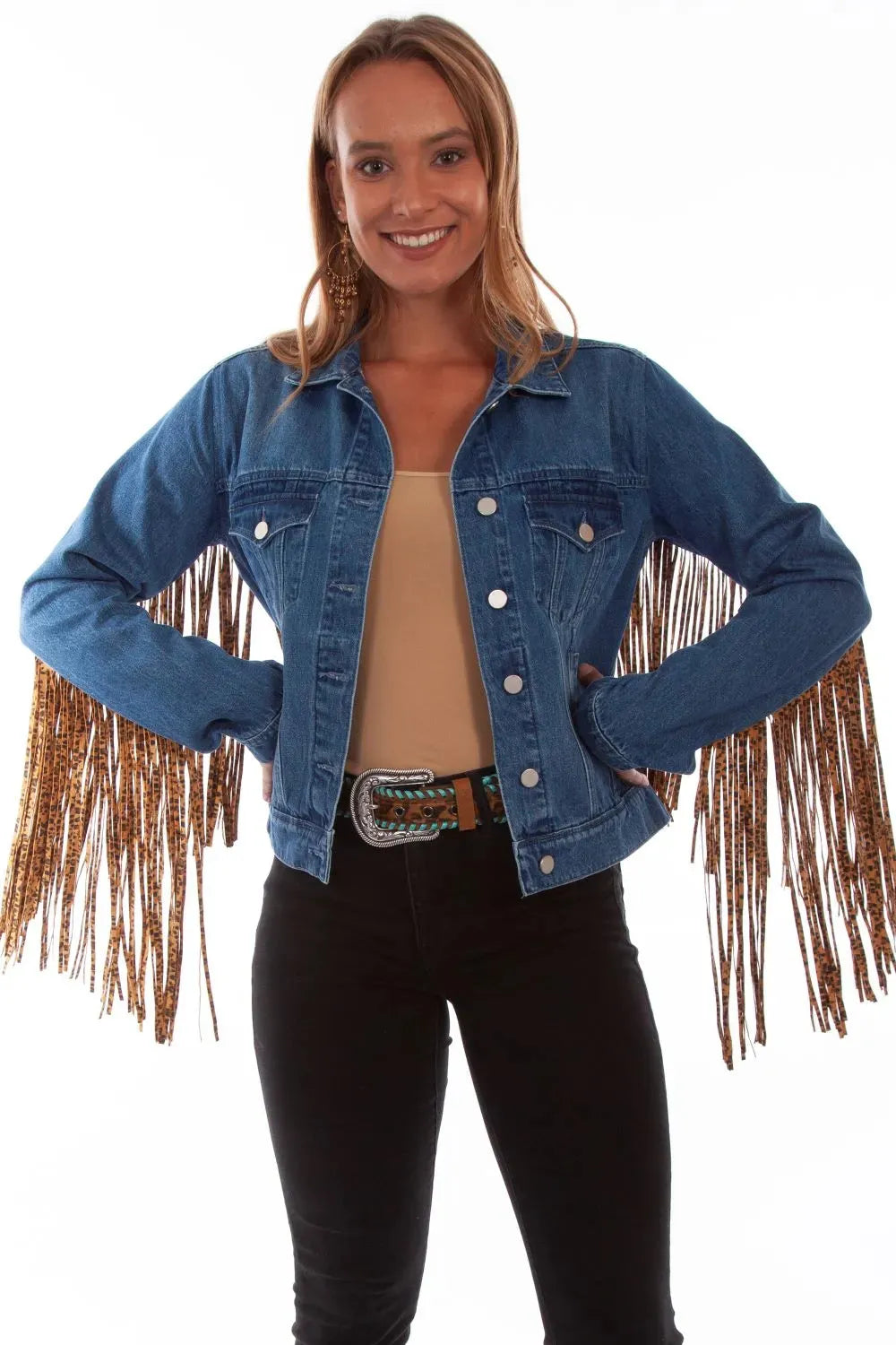 Chaqueta de mujer Honey Creek Denim con flecos de leopardo