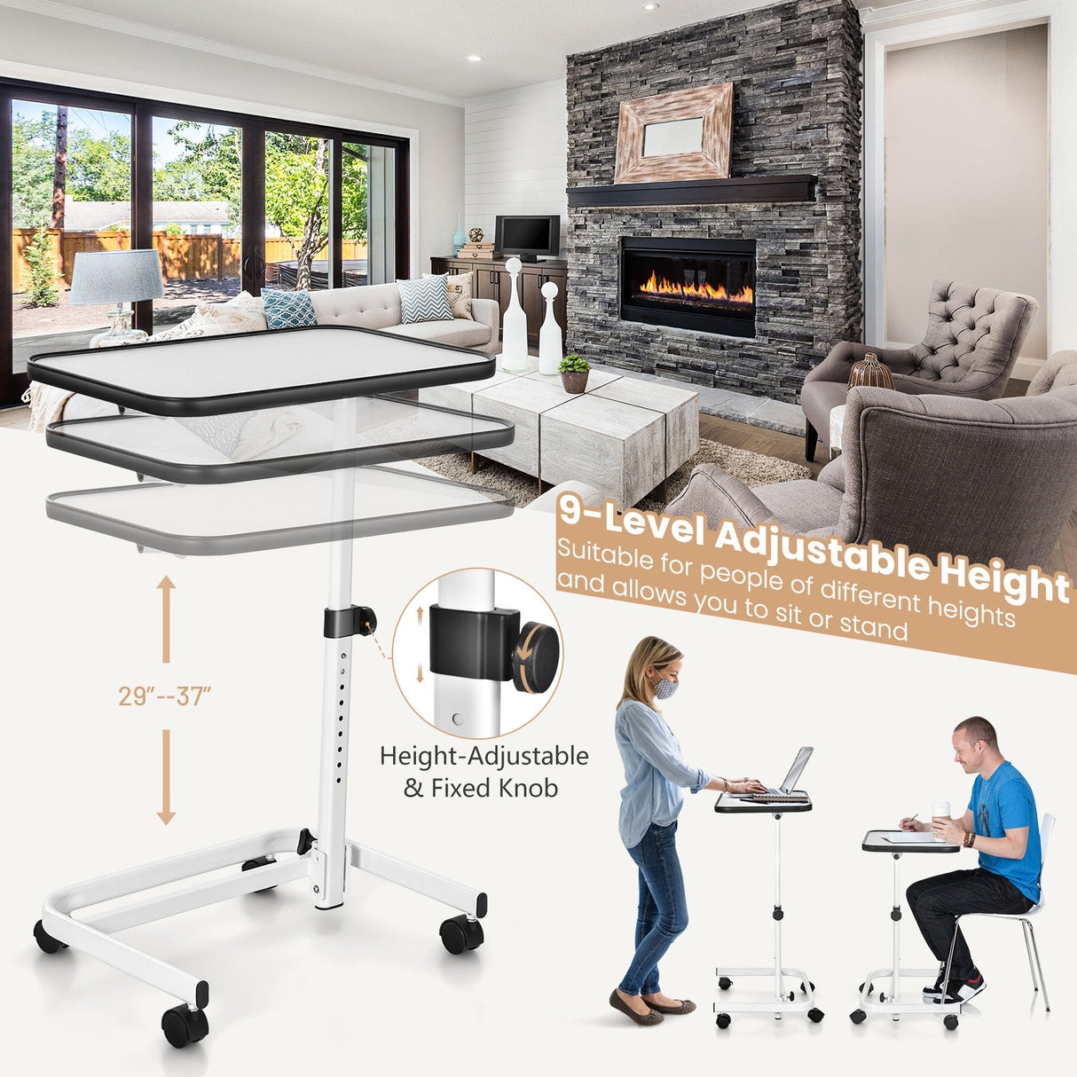 Mesa auxiliar de cama con ruedas de altura ajustable en 9 niveles